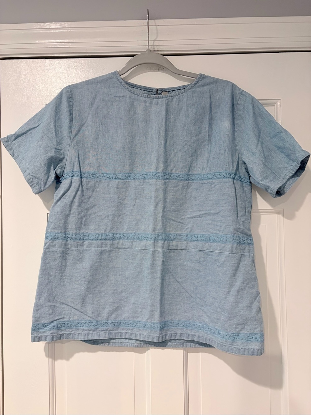 Vintage Korean Cotton Chambray Lace Trim Blouse Top Size Small